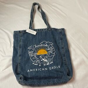 NWT American Eagle Chesapeake VA Graphic Denim Tote Bag 12”x16” Blue White New